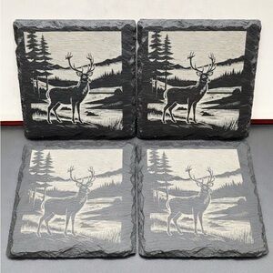Rustic Deer Slate Coasters‎ - Black and Gray (Set of 4) Laser Engraved Coated